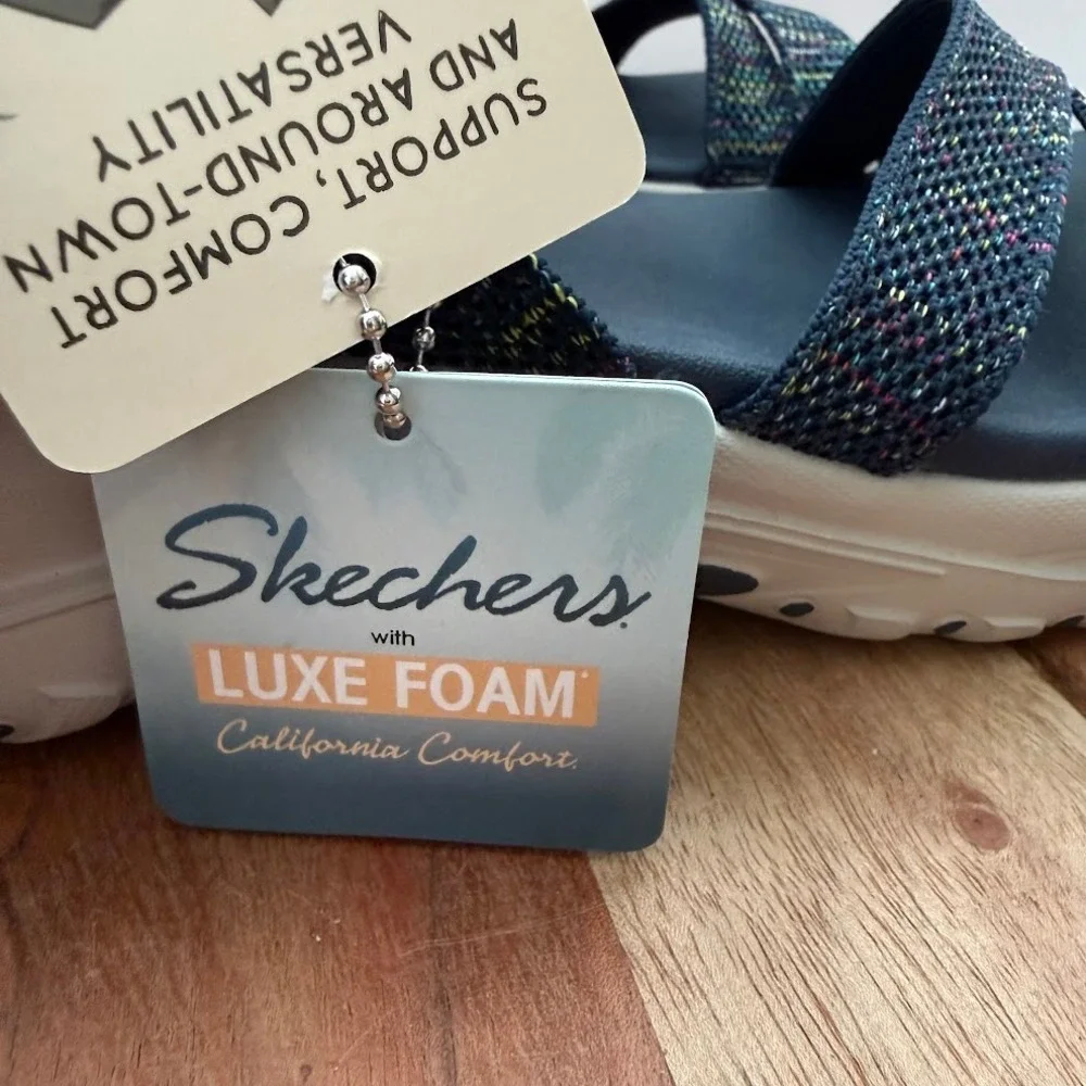 Skechers Trail Womens 9 Navy‎ Multi Space Dye Luxe Foam Sandals Machine Washable - Picture 7 of 11